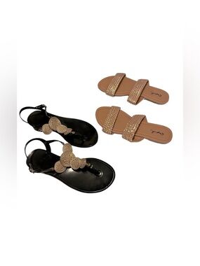 Faux Rose Gold Woven Leather Slide Sandals Black Jelly Vinyl Buckle Sandals Sz 7